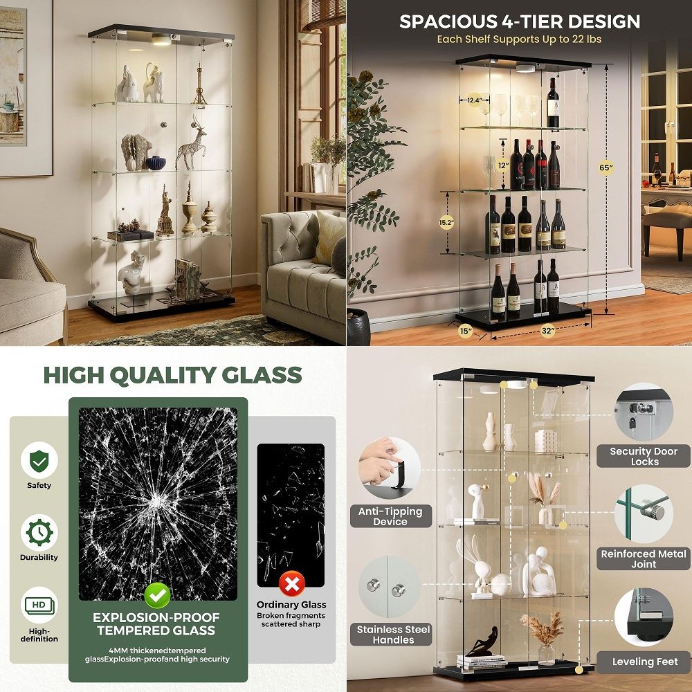 Glass Cabinet Display - Vitrine avec éclairage LED et serrure,
